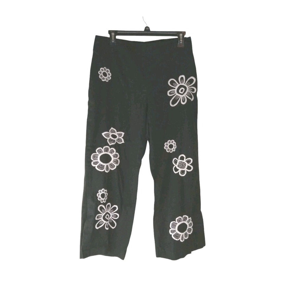 F.L. Malik Womens Cropped‎ Pants Black Embroidered Floral Straight Leg Size 6